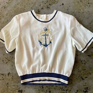 Laura & Jayne Collection Embroidered Nautical Anchor Cream and Navy Top Size 14